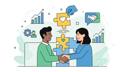 Two professionals shaking hands with puzzle pieces, graphs, and icons around them illustrating successful collaboration and business growth concepts like 9e87c1cb