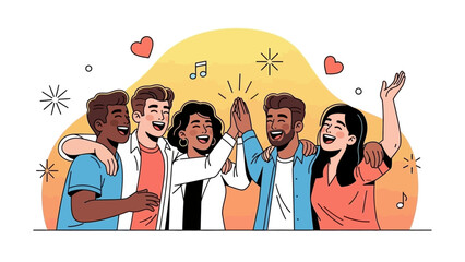 Diverse group of friends dancing together with music notes and hearts around them in a vibrant scene