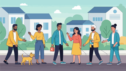 People walking together in a suburban neighborhood with houses and trees in the background with 4a232958 concept illustration