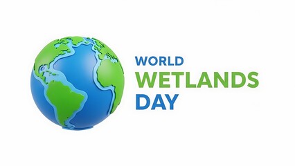 3D globe with continents and oceans, next to the text 'World Wetlands Day', symbolizing global importance and conservation efforts for wetlands on February 2nd.