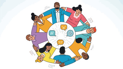 Diverse Group of People Connected in Circle with Speech Bubbles around Central Icon