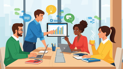 Business team discussing 4a39178c strategy around a table with laptops and graphs