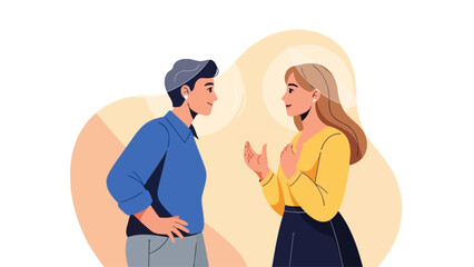 Man and woman in conversation, 2cef3c4e interaction, standing together, illustration, warm atmosphere from a front view