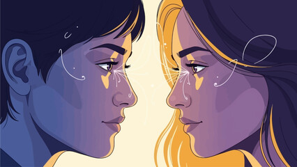 Illustration of a sorrowful man and woman facing each other with tears in a melancholic atmosphere 2d2692f1