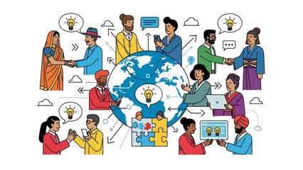 Diverse group of people collaborating around a large blue globe with ideas and technology surrounding them in a modern digital landscape