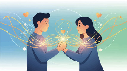 Man and woman connecting through glowing light amidst floating hearts