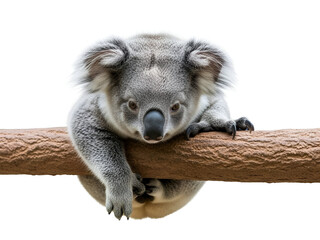 Adorable Koala Joey Clinging to a Tree Branch on a Clean White Background, Australian Wildlife Studio Shot