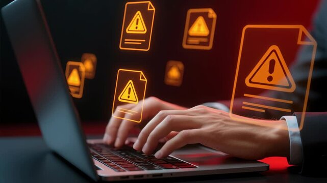 Warning alert windows from security system or software. Application problem or issue. Businessperson using laptop computer with error message.