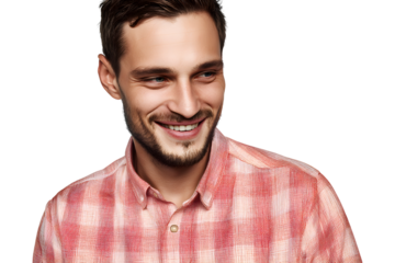Close-up portrait of smiling man in pink shirt for Valentine's Day, isolated on transparent background