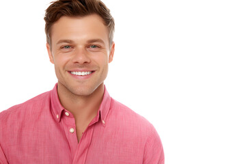 Close-up portrait of smiling man in pink shirt for Valentine's Day, isolated on transparent background