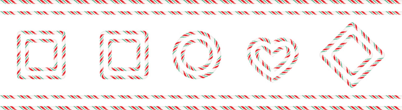 Festive candy cane striped holiday borders and decorative frames vector set