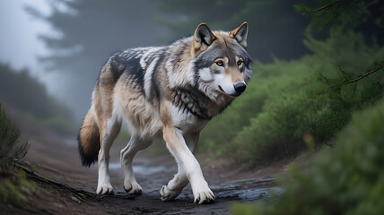 Obraz premium A lone wolf walks boldly along a narrow path deep within a forest, showing strong posture, focused gaze, and fearless energy in a natural wilderness setting