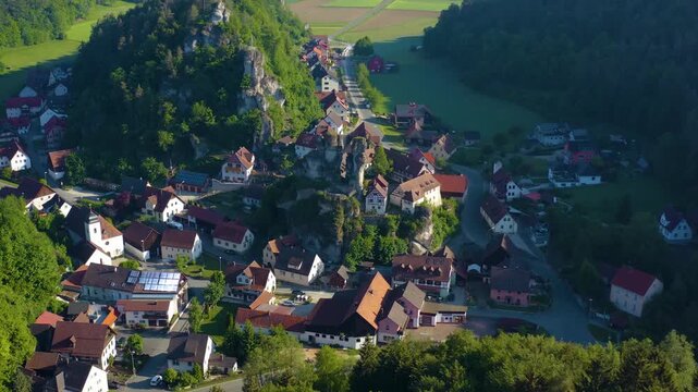 Aerial view of the city part Pottenstein im Tal  in Germany on a sunny morning in spring. 