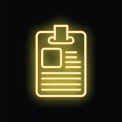 Fototapeta premium Bright yellow neon icon of a clipboard with attached papers representing a curriculum vitae glowing on a black background