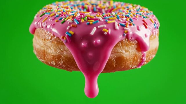 Delicious Pink Glaze Dripping Slowly from a Sweet Donut with Vibrant Sprinkles, Creating an Irresistible Temptation on Green Screen.