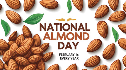 pile of almonds surrounds the bold "National Almond Day" text, framed by scattered leaves and shells, HD and 4k image