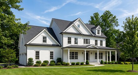 Beautiful white two-story house with large front porch and green lawn