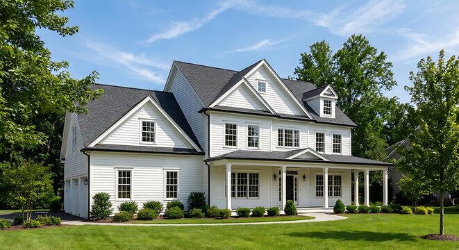 Beautiful white two-story house with large front porch and green lawn