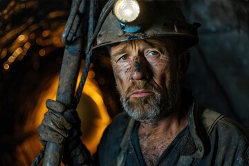 Coal miner with helmet and headlamp standing in dimly lit tunnel