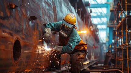 Shipyard worker welding steel plate on industrial ship