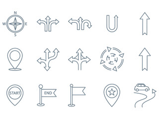 Fototapeta premium A grid of 15 line art icons related to navigation direction and mapping
