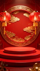 A vibrant red stage adorned with golden cloud motifs and traditional lanterns evoking a festive and cultural ambiance.
