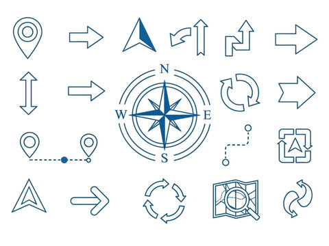 A collection of blue navigation and map icons featuring location pins arrows a compass rose and route diagrams