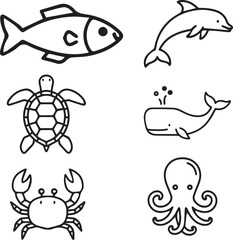 Fototapeta premium Sea Animals and Marine Life Line Icons
