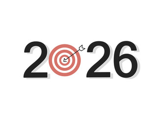 2026 New Year business goals concept with target board and arrow. Minimalist typography for success, future planning, and objectives on white background.