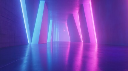 A futuristic corridor illuminated with blue and pink neon geometric lights, AI-generated.