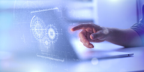 Man presses holographic gears icon. Concept of business process workflow optimization and automation, digital transformation, robotic process automation and flowing process management.