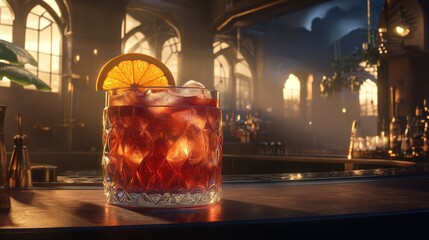 A photorealistic cocktail with ice and orange slice served on a bar counter, AI-generated.