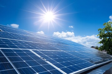 Solar panels on the roof of a house under a bright sun with blue sky, renewable energy and sustainable technology