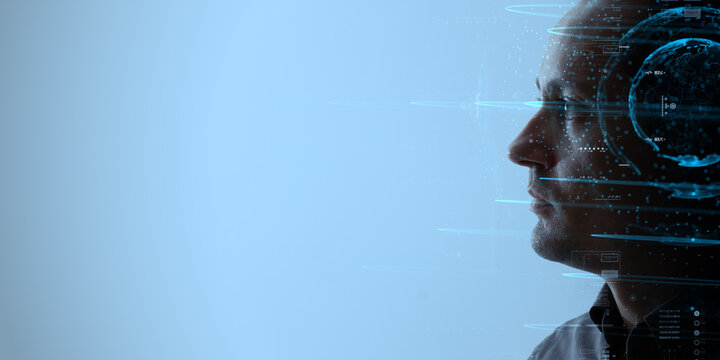 Silhouette of a thoughtful man overlaid with a digital globe and tech icons in blue color on blue background. Concept of machine learning, artificial intelligence, AI, global business and big data - Powered by Adobe