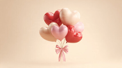 A beautiful floating bunch of glossy heart shaped balloons tied together with a delicate pink bow
