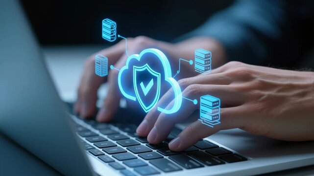 Secure access service edge SASE. Cloud-based network security. Secure data communication on internet. Businessman using SASE on laptop computer.
