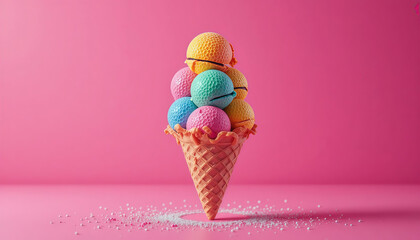 Colorful ice cream cone on pink background best for summer ads, playful food branding, and creative marketing, sorry format is jpg