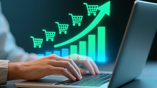 Sales increase and revenue growth in online shopping and e-commerce. Customer acquisition and demand generation. Businessman using laptop computer to analyze repeat purchases.