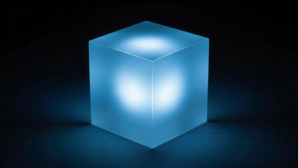 Glowing blue frosted glass cube illuminated from within against a dark background with soft light diffusion on a flat surface