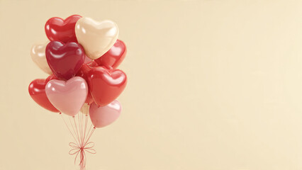 A beautiful cluster of glossy heart shaped balloons tied with a delicate pink ribbon for celebration