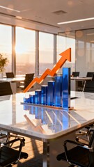 A modern office conference room featuring a striking blue and orange 3D bar graph model symbolizing growth set against a backdrop of large windows with a warm sunset view.