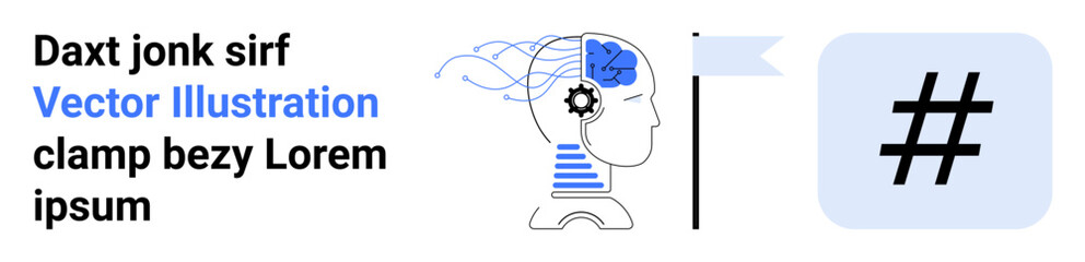 Obraz premium Human silhouette with a brain, neural connections, and gears representing AI and innovation, flag for goals, and metadata tag for trends. Ideal for technology, AI, brainstorming, future goals
