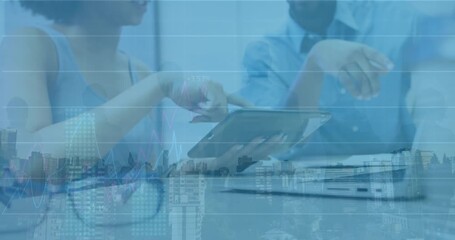 Animation of financial data processing and cityscape over diverse business people in office - Powered by Adobe