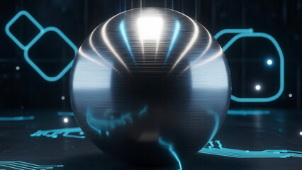 Brushed aluminum sphere centered on a futuristic dark background with glowing cyan circuit board lines and geometric shapes in a high tech digital environment