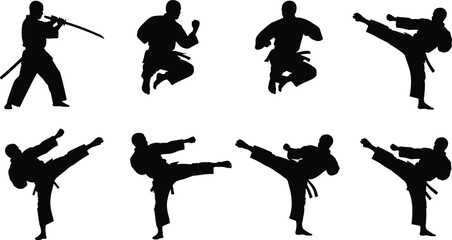 Martial arts silhouette set showing karate and kung fu fighters jumping, kicking and sword poses, isolated black figures on white background for sport, training and combat design © Shafik Creatives