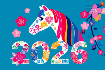 2026 year of the horse, colorful modern pop art flat illustration, vivid colors cute zodiac horse head with floral ornaments and patterns