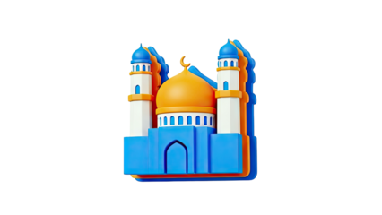 3D Cartoon Mosque with Crescent Moon and Minarets