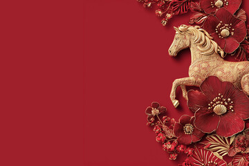 Golden 3D zodiac horse with floral ornaments on red background with copy space, year of the horse celebration, lunar chinese new year traditional illustration