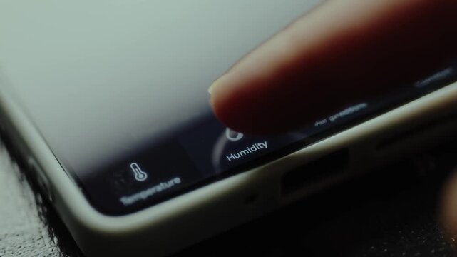 Finger taps the Humidity button to check the local humidity level
