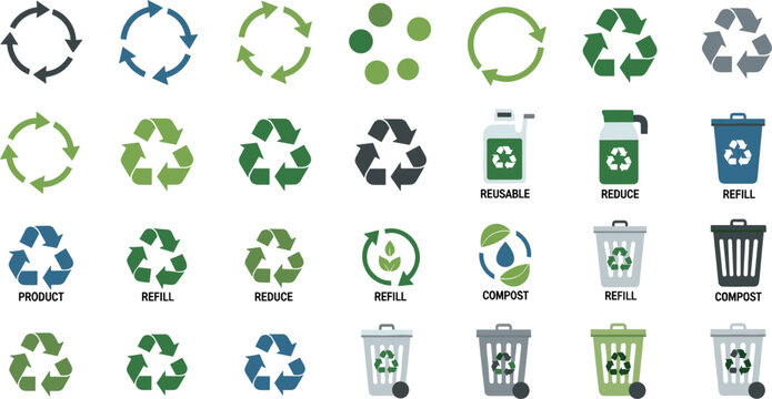 Recycling and Sustainability Icons Set with Reduce Reuse Refill Compost Symbols and Waste Bins Vector Illustration